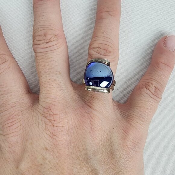 Silver Blue Glass Wire Wrap Ring Size 7 - Picture 1 of 7